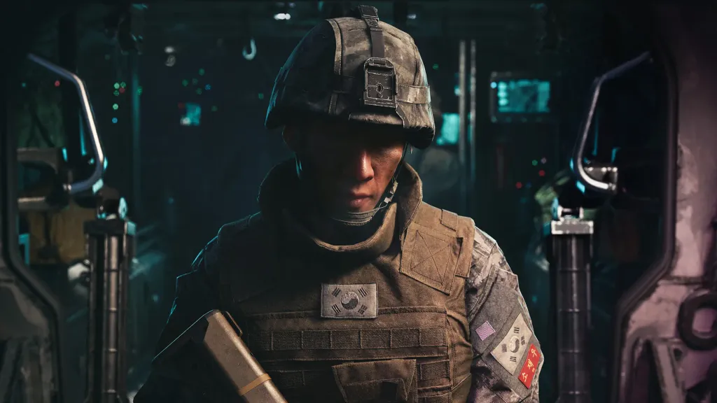 An operator seated inside a cockpit, helmet and headset on, instrument panel lit