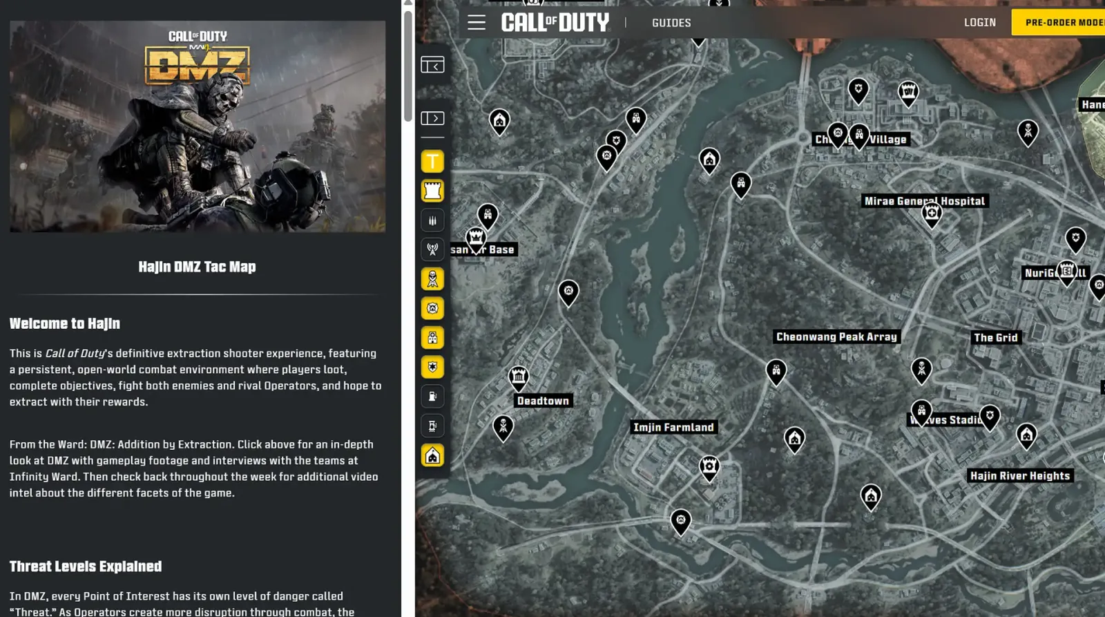 The official Hajin DMZ tactical map, showing Deadtown, Imjin Farmland, Mirrae General Hospital, Cheonwang Peak Array and other named points of interest
