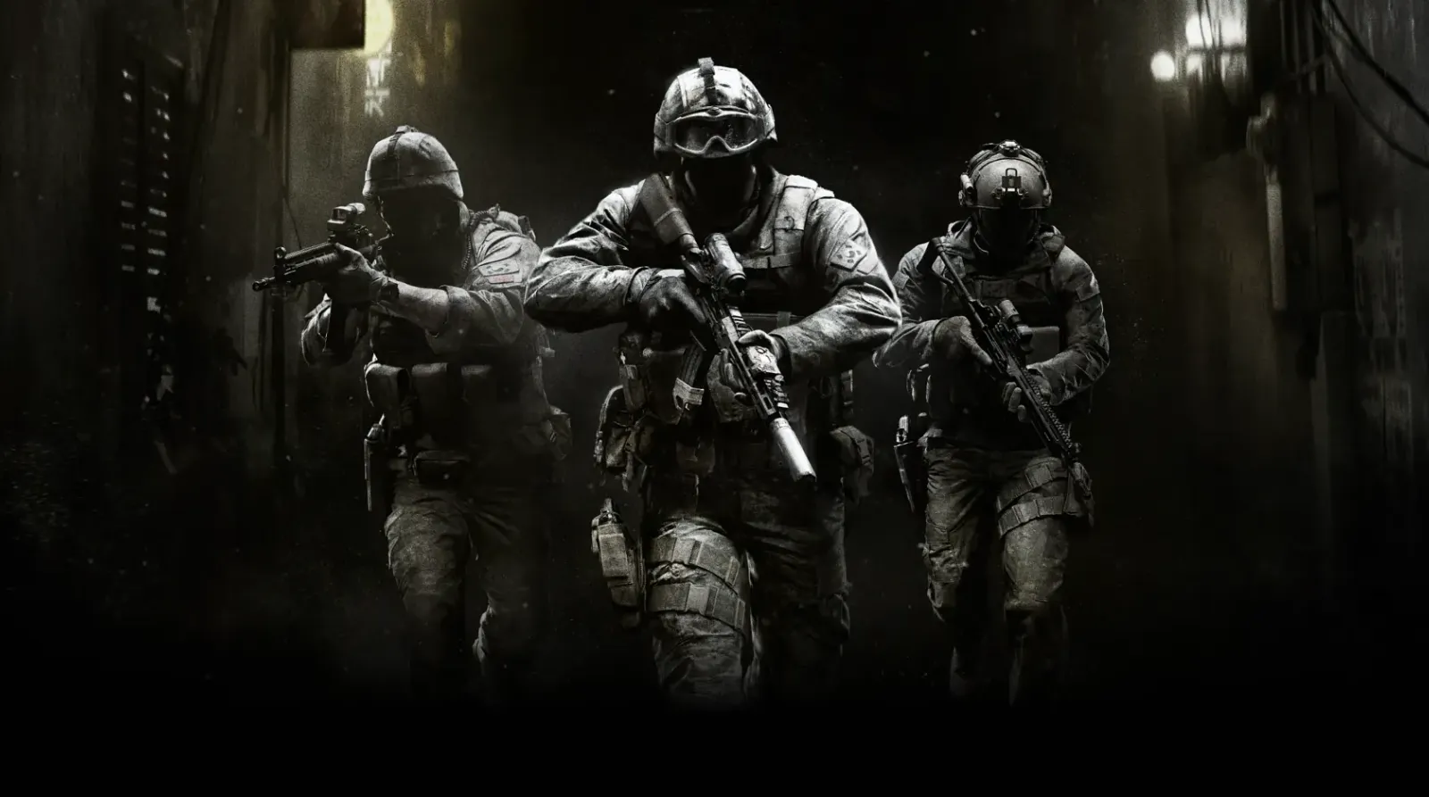 A squad of operators holding rifles inside a dim warehouse